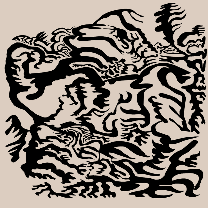 An abstract black-and-white composition of swirling, interlocking organic shapes on a cream background.
