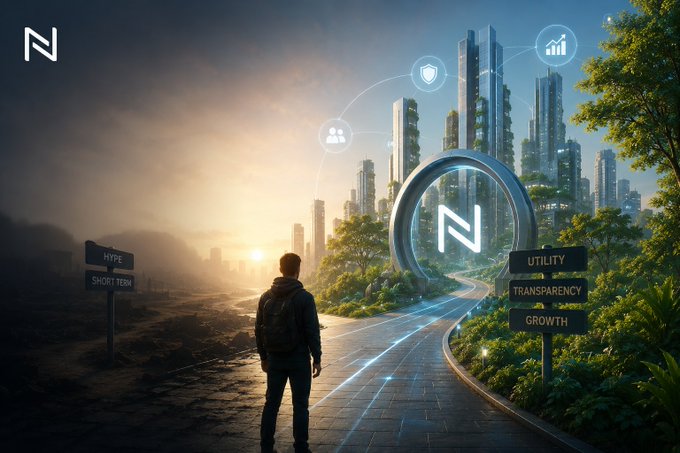 The image shows a man standing at the entrance of a futuristic city with buildings that appear to be made of glass, giving them an otherworldly appearance. The man is wearing a backpack and looking towards the horizon where the sun is setting. In the background, there are signs for "Nomisma Network" and "Wallchain". The image also contains text that reads: "The future of finance is shifting toward real utility, not hype. @NomismaNetwork is building with that direction in mind—focused on long-term value, transparency, and ecosystem growth. Early movement matters. Still watching. Still building."