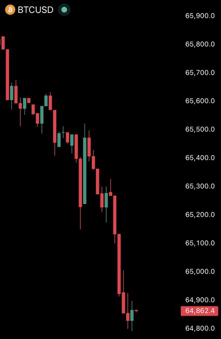 The image shows a black screen with a downward-pointing arrow indicating a decline in Bitcoin's value over time. The text "CRASH: Bitcoin falls under $65,000." suggests that the Bitcoin price has dropped significantly below its initial value of $65,000. This information is relevant to the post because it provides context about the current state of Bitcoin and its potential impact on the cryptocurrency market.