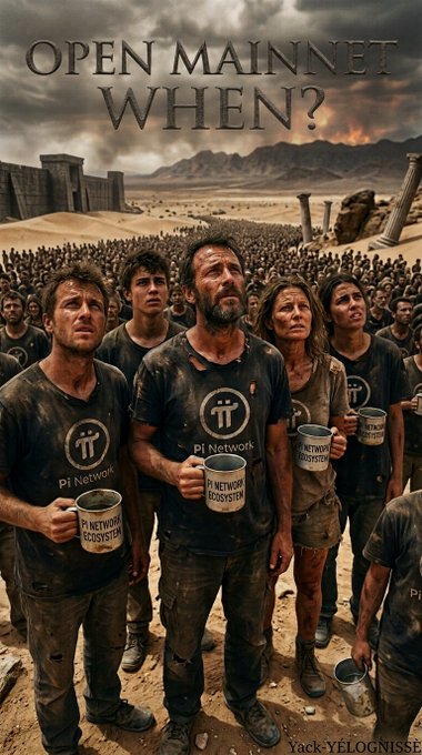 A crowd of weathered, desperate-looking people wearing "Pi Network" shirts hold "Pi Network Ecosystem" mugs in a bleak desert landscape with crumbling ruins, beneath the large text "OPEN MAINNET WHEN?"—visually embodying the exhaustion of Pi Network pioneers who have waited seven years (2019–2026) for the project's mainnet launch and ecosystem to finally materialize.