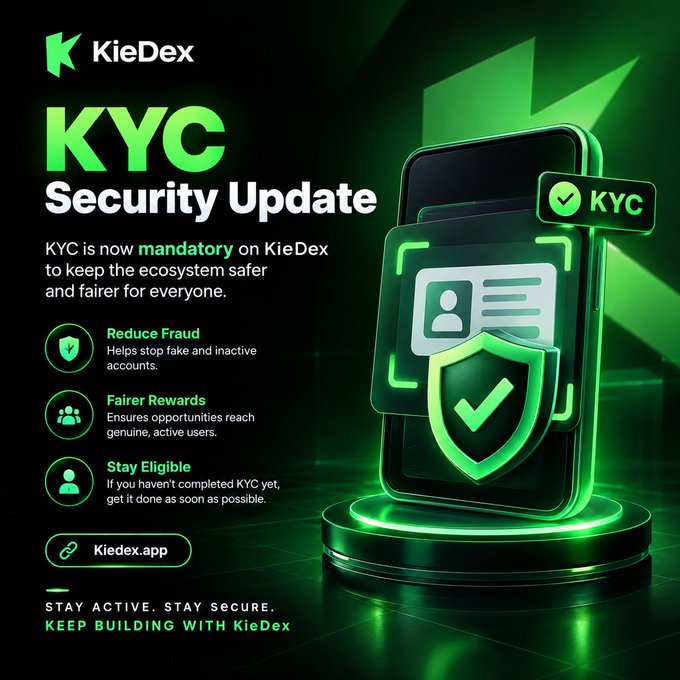 A promotional graphic for KieDex announcing a 'KYC Security Update,' stating that KYC is now mandatory to reduce fraud, ensure fairer rewards, and keep users eligible, with the link Kiedex.app.