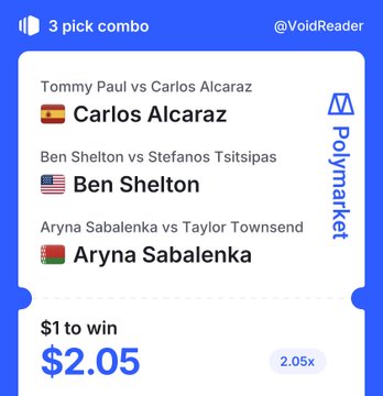 A Polymarket betting slip shows a 3-pick combo selection for Carlos Alcaraz, Ben Shelton, and Aryna Sabalenka, wagering $1 to win $2.05.