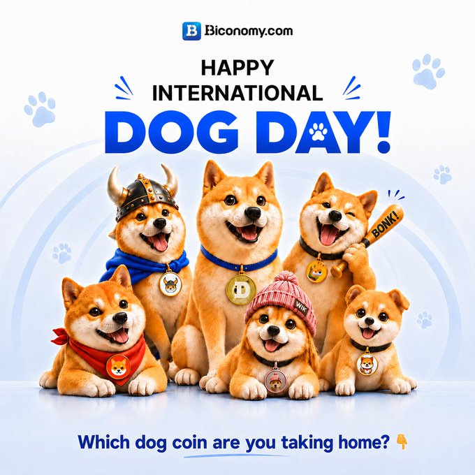 A promotional graphic from Biconomy.com celebrating "HAPPY INTERNATIONAL DOG DAY!" featuring a group of smiling Shiba Inu dogs wearing crypto-themed accessories, with the text "Which dog coin are you taking home?"