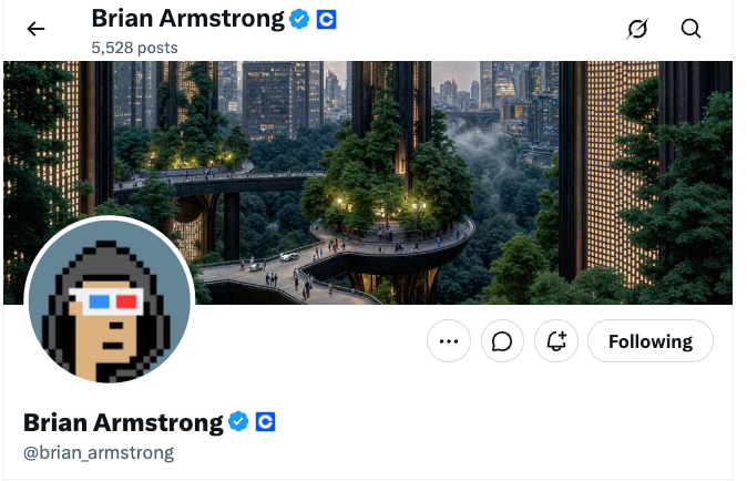 Brian Armstrong's X profile (@brian_armstrong) with 5,528 posts, showing a futuristic green cityscape banner and his pixelated avatar wearing red-blue 3D glasses, which the post references as a recently restored profile picture.