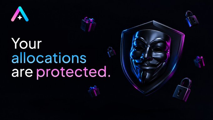 A dark promotional graphic with the text 'Your allocations are protected.' next to a Guy Fawkes mask inside a shield, surrounded by padlocks and gift boxes.