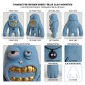 A character design sheet displaying multiple angles and details of a blue, blocky humanoid creature with a wide grinning face.