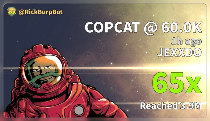 The image is a promotional graphic by @RickBurpBot featuring an astronaut illustration, celebrating a trader's achievement of "65x" gains on the "$COPCAT" token at a 60.0K entry point, which reached 3.9M. It ties into the post's hype by showcasing a remarkable multiplier win that has the community excited with "tingling balls" energy.
