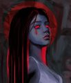 A dark portrait of a blue-skinned female figure with glowing red eyes and hair, set against a red-lit background.