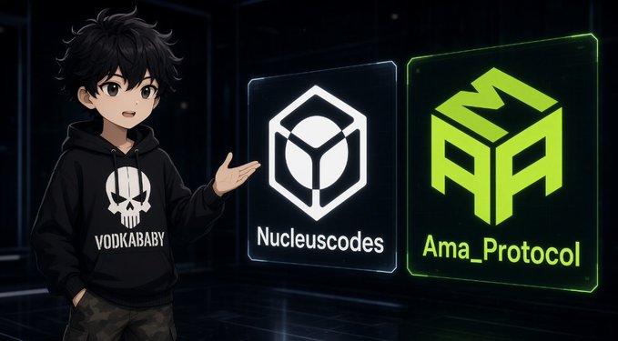 Anime-style character wearing a black 'VODKABABY' hoodie gesturing toward logos for 'Nucleuscodes' and 'Ama_Protocol'.