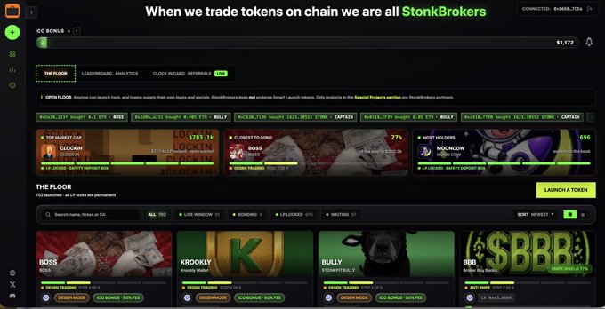 The image shows the "StonkBrokers" platform interface for trading tokens on chain, displaying the "THE FLOOR" Launchpad Analytics dashboard with various tokens like $BOSS, $KROOKLY, $BULLY, and $BBBR listed alongside metrics such as ICO Bonus (currently $1.172), Top Market Cap ($783.1K), Closest to Bond (27%), and Most Holders (696). This aligns with the post by highlighting how the launchpad emphasizes clear data visualization and analytical options for users to evaluate token features and supply structures.