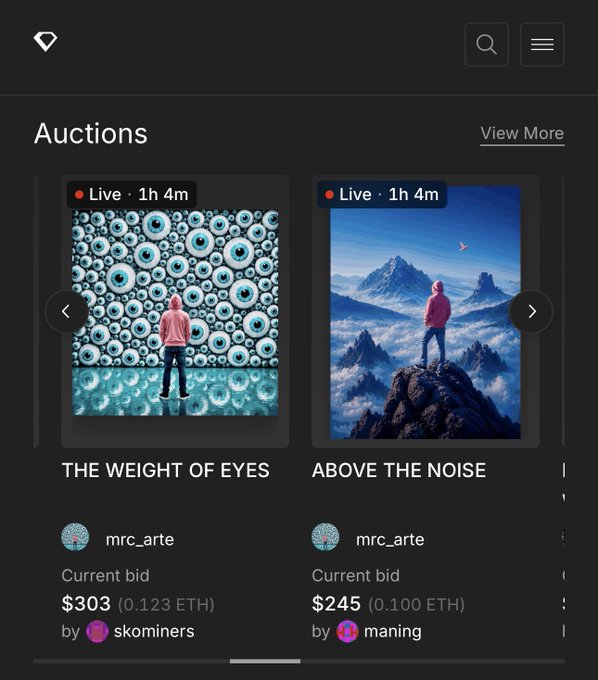 A mobile app screenshot of an NFT auction marketplace displaying two live auctions: 'THE WEIGHT OF EYES' by mrc_arte with a current bid of $303 (0.123 ETH), and 'ABOVE THE NOISE' by mrc_arte with a current bid of $245 (0.100 ETH).