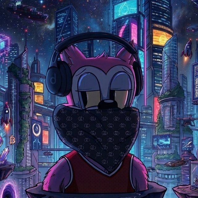 A stylized cartoon character wearing headphones and a patterned bandana stands in front of a neon-lit cyberpunk city with rockets and a Bitcoin symbol.