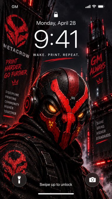 A dark, futuristic phone lock screen displays "Monday, April 28, 9:41" alongside a menacing red-and-black armored warrior with glowing orange eyes and "METACROW" branding featuring slogans like "WAKE. PRINT. REPEAT." and "GM ALWAYS." The cyberpunk aesthetic and "GM" callouts reinforce the post's "GM CT" greeting, tying the metallic warrior imagery to a gritty, tech-forward community vibe.