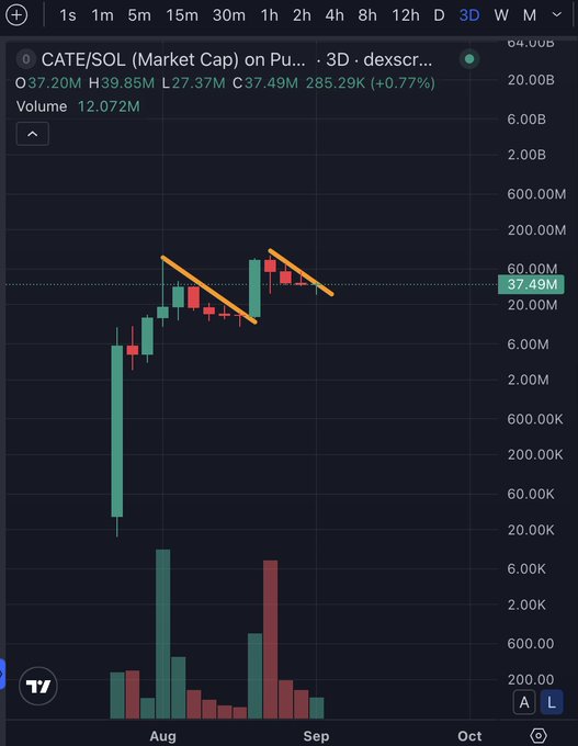 The image shows a 3D candlestick chart for CATE/SOL on a DEX with a market cap around $37.49M (+0.77%), displaying a falling wedge pattern in orange between August and September, suggesting a potential breakout "next leg" upward from its current consolidation.