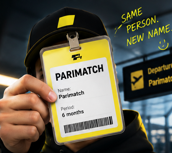 A promotional graphic shows a person holding a yellow ID badge labeled 'PARIMATCH' with 'Name: Parimatch' and 'Period: 6 months,' alongside handwritten text reading 'SAME PERSON. NEW NAME.'