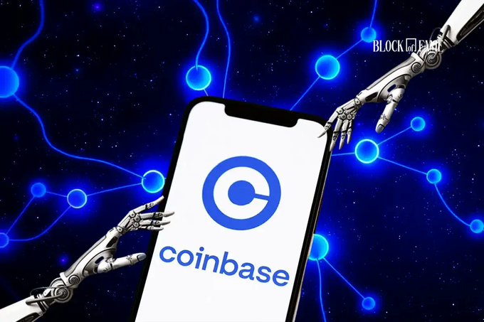The image features two robots holding up a smartphone displaying the Coinbase logo. The background of the image is blue with white dots, giving an impression that they are floating in space or looking at the stars. The text "Coinbase Unveils Next Phase of Its 'Everything Exchange' Vision" suggests that there might be some sort of announcement related to cryptocurrency and blockchain technology.
