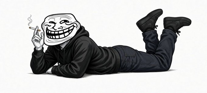 A line art drawing of a figure in a dark hoodie and pants lying on their stomach, wearing a 'Trollface' mask and holding a lit cigarette.