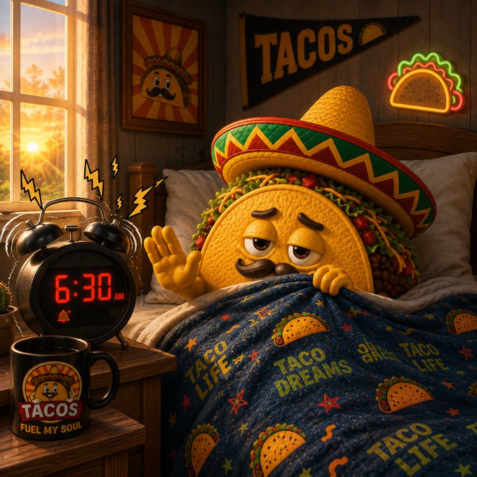 A sleepy, mustachioed taco wearing a sombrero reluctantly emerges from a "TACO LIFE / TACO DREAMS" blanket as a ringing alarm clock shows 6:30 AM, clearly wishing he could stay in bed. The "TACOS FUEL MY SOUL" coffee mug and neon taco sign in his bedroom suggest he's dreading another morning away from his taco-themed paradise.