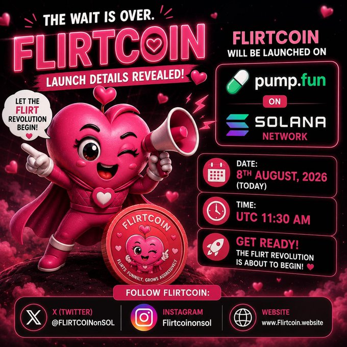 A vibrant pink promotional graphic announces "FLIRTCOIN - LAUNCH DETAILS REVEALED!" featuring a heart-shaped mascot with a megaphone, alongside a coin displaying the ticker FLIRTCOIN and the tagline "FLIRT WINNLY. GROWS AGGRESSIVELY." The poster details the launch on Pump.fun via the Solana Network on August 8, 2026 at 11:30 AM UTC, with social links to @FLIRTCOINonSOL, Instagram, and www.Flirt.website.
