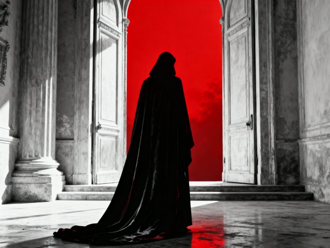 A dramatic, cinematic image of a hooded figure in a long black cloak standing in a grand doorway, silhouetted against a vivid red background.