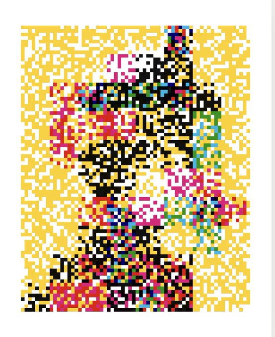 A pixelated, colorful digital artwork featuring a stylized face or figure rendered in blocky patterns with yellow, black, pink, blue, and white tones.
