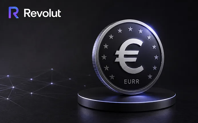 A promotional graphic for Revolut showing the company's logo, featuring a silver Euro coin labeled "EURR" resting on a dark platform with a glowing network pattern.