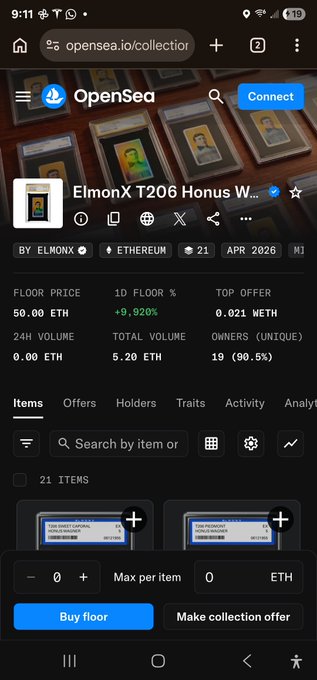 OpenSea mobile app showing the ElmonX T206 Honus Wagner NFT collection page with a floor price of 50.00 ETH.