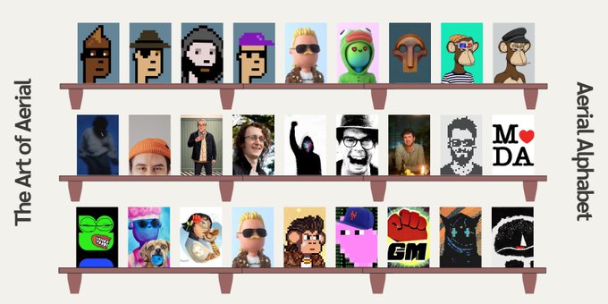 Three shelves displaying pixel art avatars labeled 'The Art of Aerial' and 'Aerial Alphabet' showcase various stylized character portraits and icons.