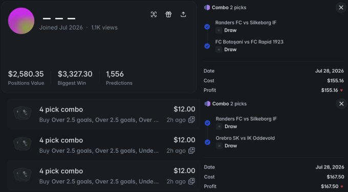 A user profile on a sports prediction platform showing $2,580.35 Positions Value, $3,327.30 Biggest Win, and 1,556 Predictions, along with winning 2-pick combos on football matches.