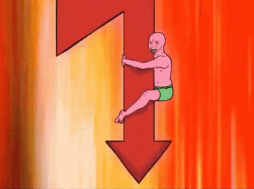 The image features a cartoon character sitting on top of a tilted red arrow pointing down below him. In the background, there's a caption that reads "BITCOIN Just crashed below $68,000", which seems unrelated but could be an aspect of the overall story or setting involving the character and the coin falling.