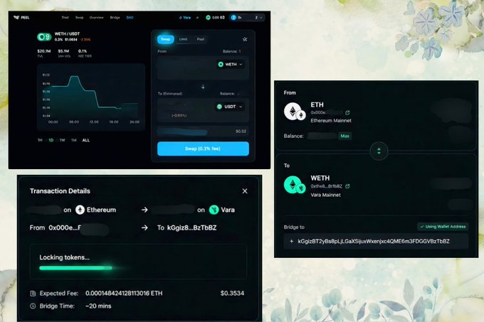 A collage of three cryptocurrency screenshots showing token swaps and a bridge transaction for WETH from Ethereum to Vara, with a fee of 0.00014842412 ETH and a 'Locking tokens...' progress bar.