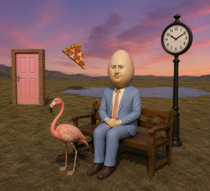 A surreal 3D-rendered scene features an egg-headed figure in a blue suit sitting on a wooden bench next to a pink flamingo, with a floating pizza slice, a pink door in a brick frame, and a vintage street clock against a sunset landscape.