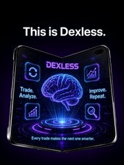 A promotional graphic with a dark background displaying 'This is Dexless.' above an illustration of a smartphone showing app icons for 'Trade. Analyze.' and 'Improve. Repeat.' around a brain graphic, with the text 'Every trade makes the next one smarter.'