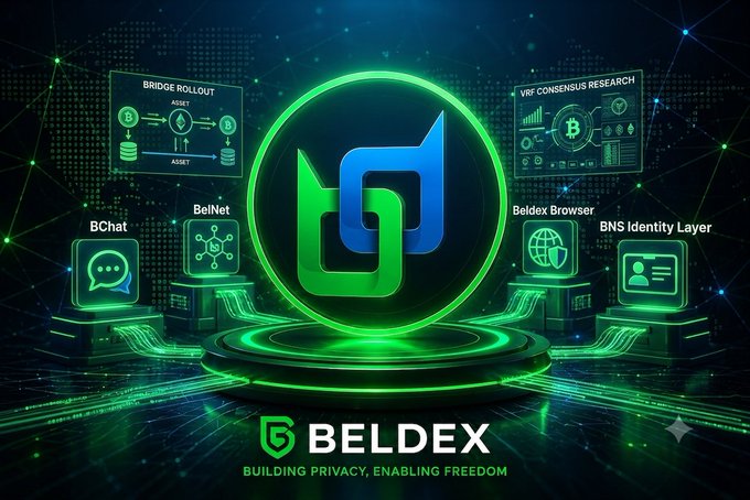 A digital promotional graphic for 'BELDEX' features a large green and blue 'B' logo surrounded by product labels like 'BChat', 'BelNet', and 'Beldex Browser', with the tagline 'BUILDING PRIVACY, ENABLING FREEDOM'.