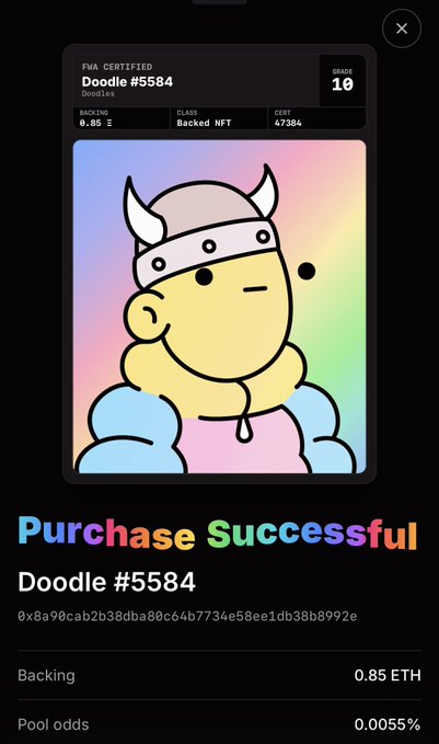 A mobile screen showing a 'Purchase Successful' confirmation for 'Doodle #5584', an FWA Certified NFT of a character with a horned helmet, purchased at '0.85 ETH'.