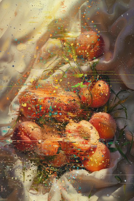 A vibrant close-up of fresh strawberries on white fabric, covered in water droplets and overlaid with colorful digital glitch effects and paint splatters.