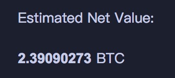 The image displays the text "Estimated Net Value: 2.39090273 BTC" on a dark background, highlighting the substantial amount of cryptocurrency lost. This directly illustrates the poster's claim of losing 2.3 BTC due to being locked out of exchanges like Cryptopia, Bittrex, BitMEX, and BitMart.