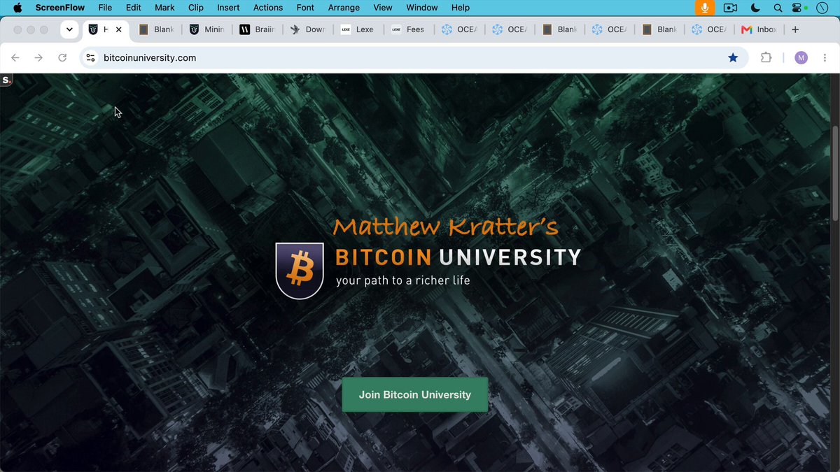 The image displays a screenshot of an open computer screen with a website on its display. The screen shows a webpage for Matthew Knatter's Bitcoin University, which focuses on teaching people about Bitcoin and how to set up lightning payouts using the platform. This information is related to the recent post by Ocean (Home Bitcoin Mining) in a separate image where Matthew Knatter explains the process of setting up a wallet on the Bitcoin blockchain.