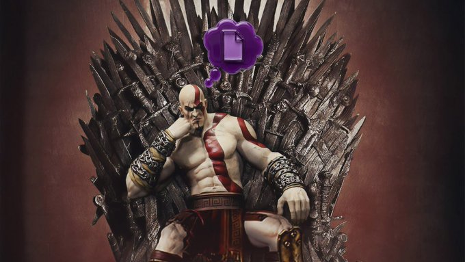 Kratos from God of War sits on a throne made of swords with a purple thought bubble containing a phone showing an empty screen above his head. The meme humorously captures the post's sentiment of waiting fruitlessly for a Pumpfun airdrop, with the empty screen symbolizing Kratos' empty hopes and the contemplative pose reflecting resigned daydreaming.