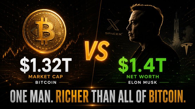 The image features a graphic of two men with Bitcoin coins, labeled $1.32T and $1.4T, against each other. The caption above them reads "One man is now worth more than all of Bitcoin combined". In the background, there's an image of Tesla's Elon Musk. A dollar sign can also be seen in the lower right corner.