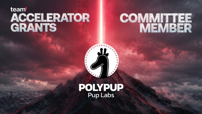 Promotional graphic featuring the POLYPUP Pup Labs logo (a crowned giraffe) set against a dramatic red sky and mountain backdrop, with text reading 'team1 ACCELERATOR GRANTS' and 'COMMITTEE MEMBER'.