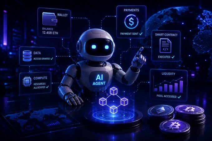 A glowing AI agent labeled "AI AGENT" stands at the center of a digital dashboard displaying interconnected panels for "WALLET" (Balance: 12.458 ETH), "PAYMENTS" (Payment Sent), "DATA" (Access Granted), "COMPUTE" (Resources Allocated), "SMART CONTRACT" (Executed), and "LIQUIDITY" (Pool Accessed), surrounded by Ethereum and Bitcoin coins. The image visually reinforces the caption's point that AI agents will drive adoption not through speculation but by requiring essential on-chain infrastructure—wallets, payments, data, compute, and smart contracts—to operate autonomously.