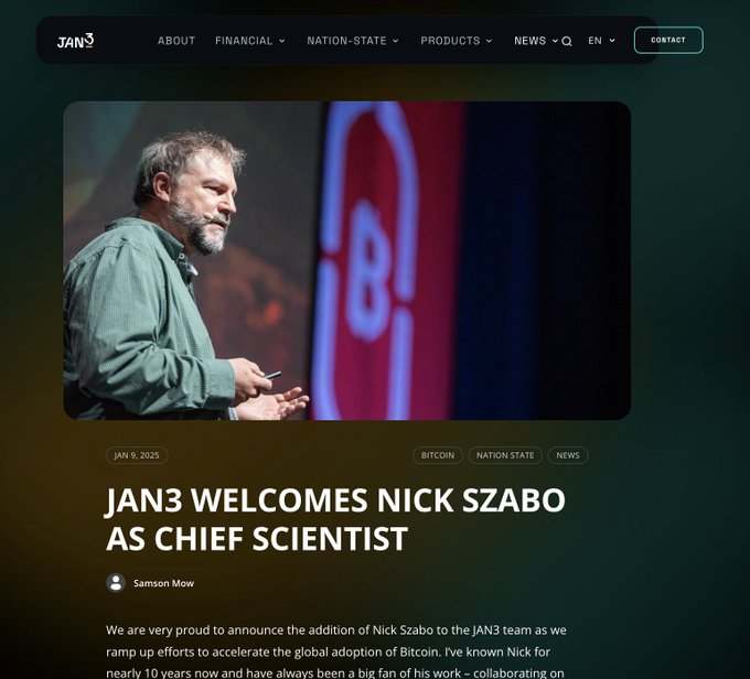 JAN3 blog post announcing Nick Szabo as Chief Scientist, with article dated Jan 5, 2025, tagged Bitcoin/Nation-State/News, authored by Samson Mow.