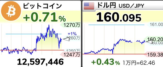 Financial charts displaying ビットコイン (Bitcoin) at 12,597,446 with +0.71% and ドル円 (USD/JPY) at 160.095 with +0.43%.