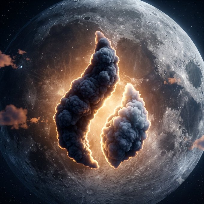 Digital artwork depicting a fractured moon with smoke and glowing light bursting through a central crack in space.