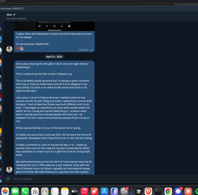 A Discord message from user 'Alon' containing a lengthy text speculating about Solana token (stacc) and accusations of rug pulls and pump and dumps.