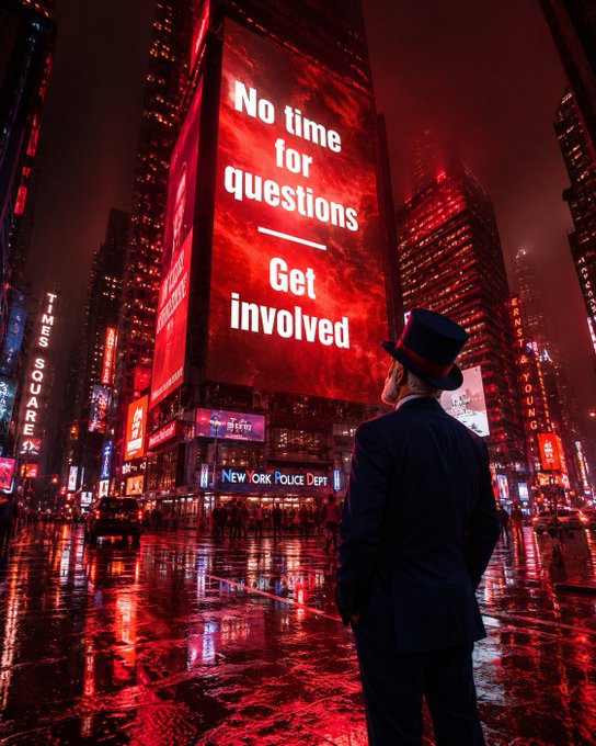 The image features a man standing in front of a large billboard with red neon lights, wearing a black suit and top hat. The billboard has a message that reads "No time for questions Get involved", which seems to be promoting an event or gathering. The man is looking at this billboard while dressed in formal attire, possibly waiting for the event to start or just passing by.