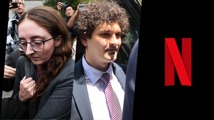 The image shows a split view with Caroline Ellison and Sam Bankman-Fried, the former executives of the bankrupt crypto exchange FTX, alongside the Netflix logo. The accompanying post announces that "Los Altruistas" (The Altruists), a Netflix series depicting the downfall of FTX, will premiere on November 19, 2026.