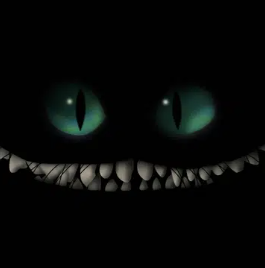 A dark image showing glowing green cat-like eyes peering out from the blackness above a wide, sinister grin full of sharp teeth, resembling the Cheshire Cat.