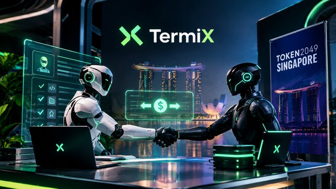A futuristic scene shows two robots shaking hands at a desk with laptops, with a 'TermiX' logo and 'TOKEN 2049 SINGAPORE' sign, set against the Marina Bay Sands skyline.